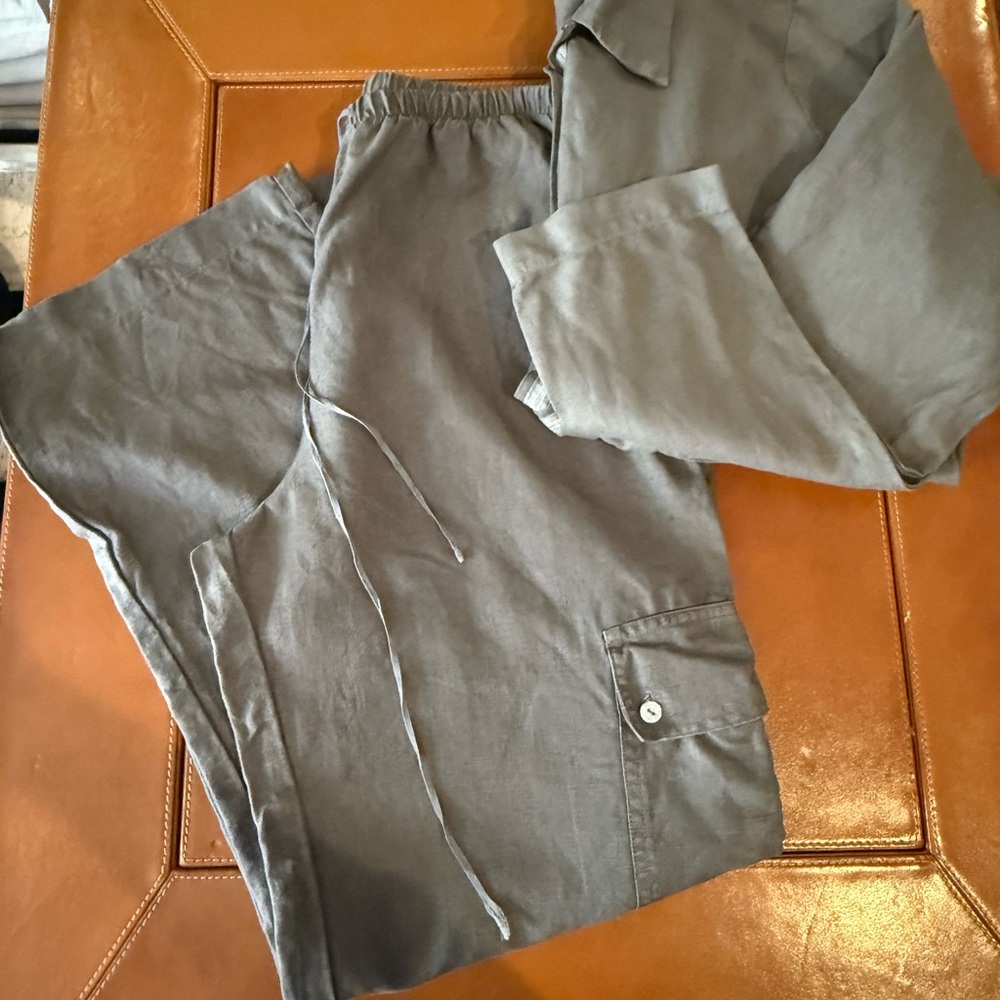 $475 Vintage JOHNNY WAS Gray Linen Two-Piece Jacket Cargo Pants Set Sz XS/S